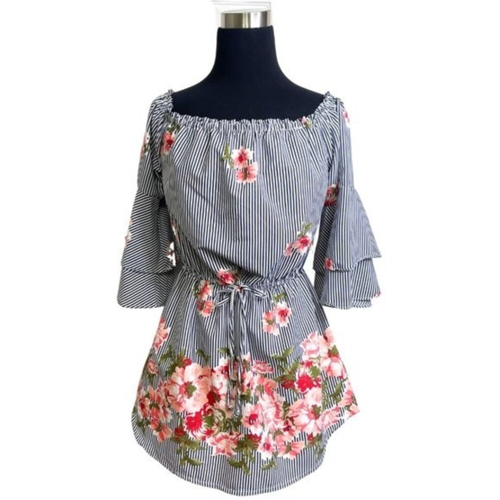 Women's Striped Floral Pattern Mini Dress Off Shoulder Size Large
